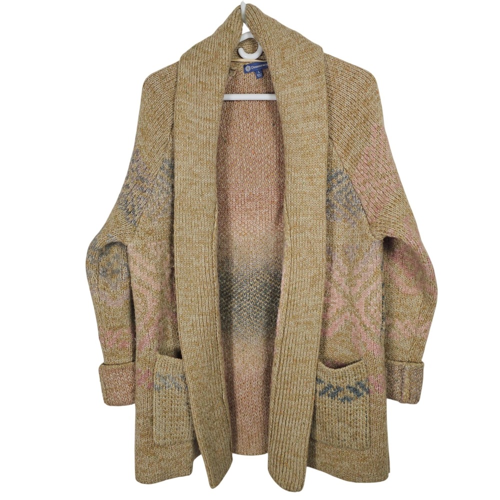 Democracy Large Tan‎ Pink Geometric Shawl Collar Open Front Cardigan Pastel